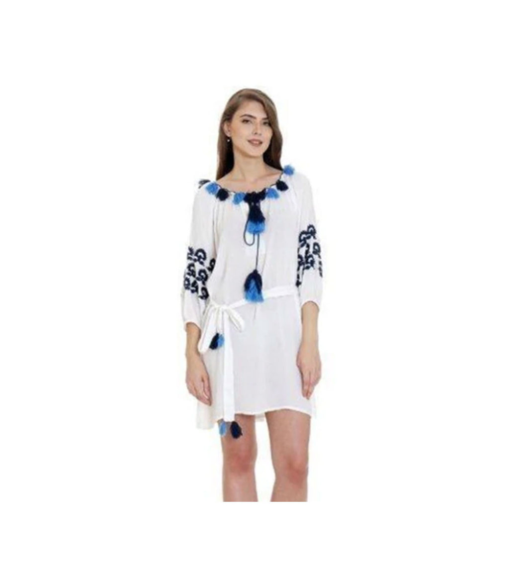 White Tunic with Blue Aari Embroidery