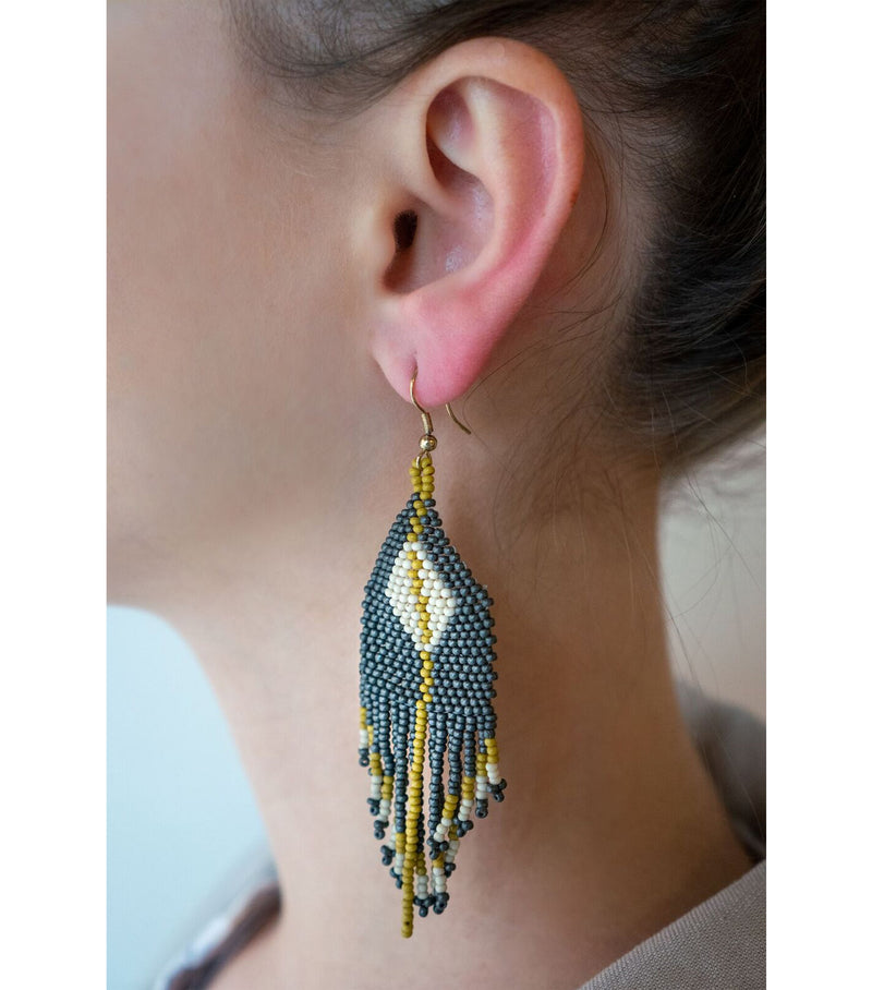 Diamond w/Stripe Fringe Seed Bead Earring